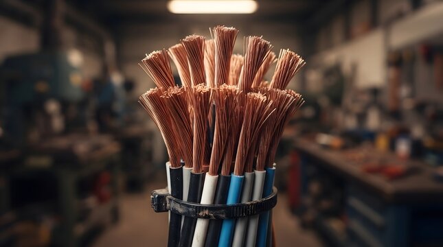 Bundle of Exposed Copper Wires with Colorful Cable Sheathing Bound Together in Workshop