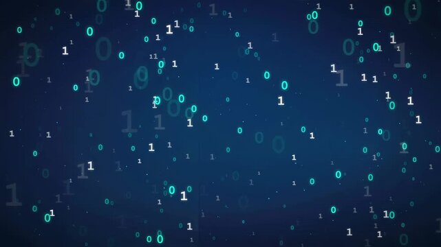 Abstract digital binary code stream flowing through dark blue cyberspace background for technology concepts