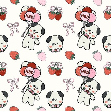 Cute Strawberry Puppy Birthday Seamless Pattern with HBD Balloons, Strawberries and Bows