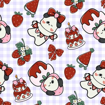 Cute Strawberry Puppy Seamless Pattern with Birthday Cake and Party Hat 