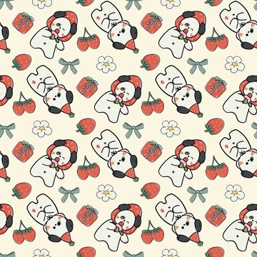 Adorable Strawberry Puppy Seamless Pattern with Gift Box, Strawberries and Bows
