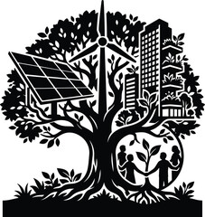 Fototapeta premium Green eco city concept vector illustration with a tree integrating solar panels wind turbine sustainable buildings and community silhouette