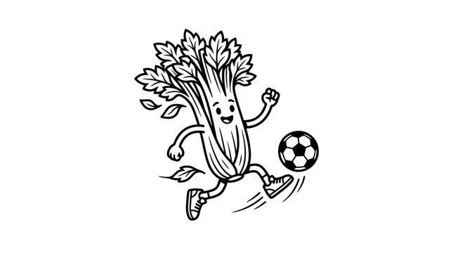 Cute cartoon celery character playing soccer.