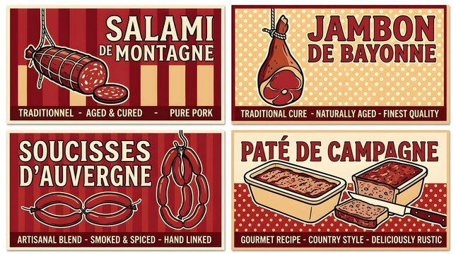 A collage of four vintage-style signs featuring French cured meats and pates. The signs advertise Salami de Montagne, Jambon de Bayonne, Soucisses d'Auvergne, and Pate de Campagne.