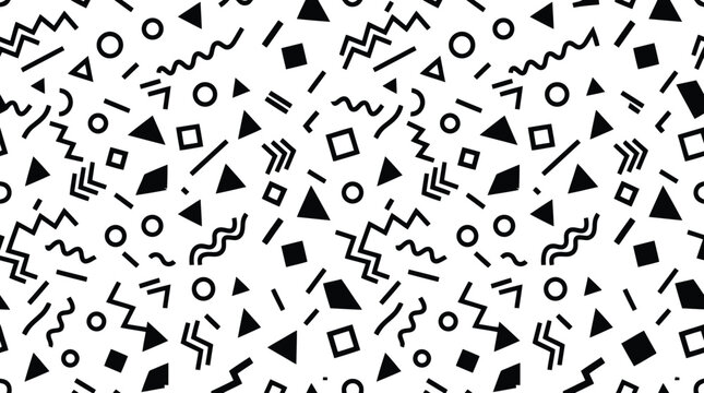 Abstract geometric pattern design featuring various black shapes and lines isolated on white background