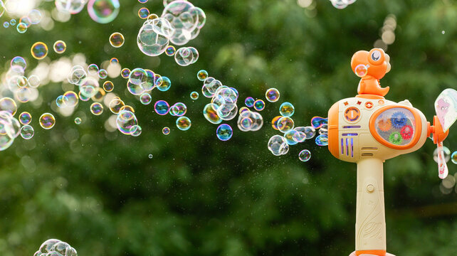 Automatic bubble machine toy creating a stream of iridescent spheres against a green background