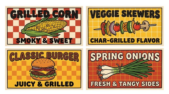 Set of four retro-style food signs advertising grilled corn, veggie skewers, classic burger, and spring onions. Each sign features a delicious illustration of the food item and a catchy slogan.