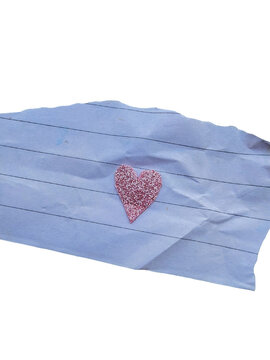 Crumpled blue paper with pink heart, romantic love message background, torn note texture for Valentine card and wedding design isolated PNG with Transparent Background