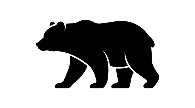 Silhouette of a bear walking, isolated on white background, black and white illustration.
