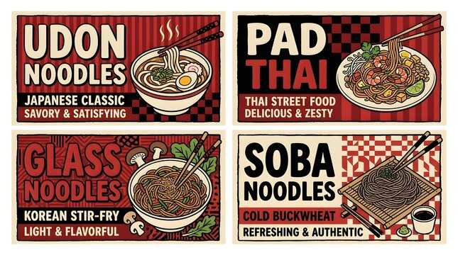 A collage of four stylized posters showcasing different types of Asian noodles: Udon, Pad Thai, Glass Noodles, and Soba Noodles, each with a vibrant illustration and description