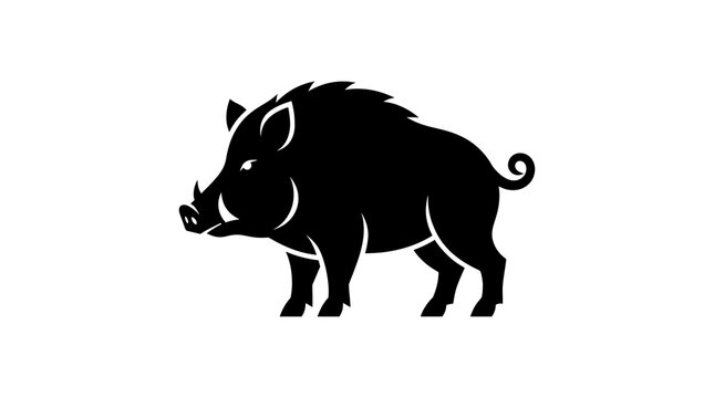 Graphic black silhouette of a wild boar standing isolated on a white background icon.