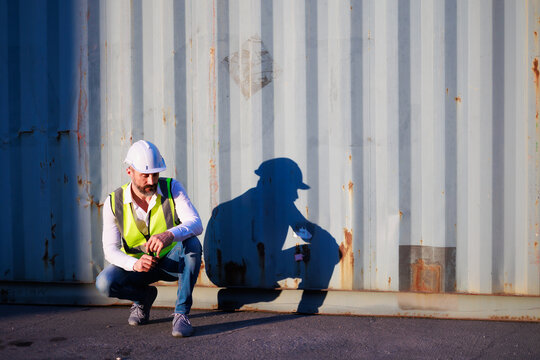 Handsome caucasian male dock foreman worker in white hard hat helmet and high-visibility vest working in Shipping Cargo Container Terminal Depot