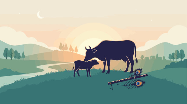A serene flat design illustration capturing the peaceful silhouette of a cow and calf, with Krishna's flute nearby, symbolizing his connection to nature and Janmashtami.