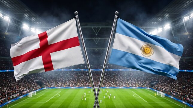 Crossed flags of England and Argentina in a professional football arena