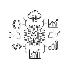 Obraz premium Artificial intelligence chip icon with data flow lines.
