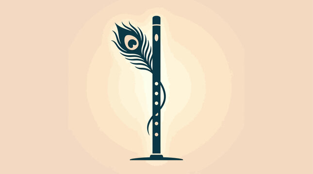 A striking flat design icon featuring the distinct silhouette of Lord Krishna's flute adorned with a peacock feather, representing his divine presence and Janmashtami.
