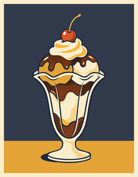 Ice cream sundae in a glass with chocolate syrup, whipped cream and a cherry on top, retro style dessert poster on dark blue background. Vector illustration