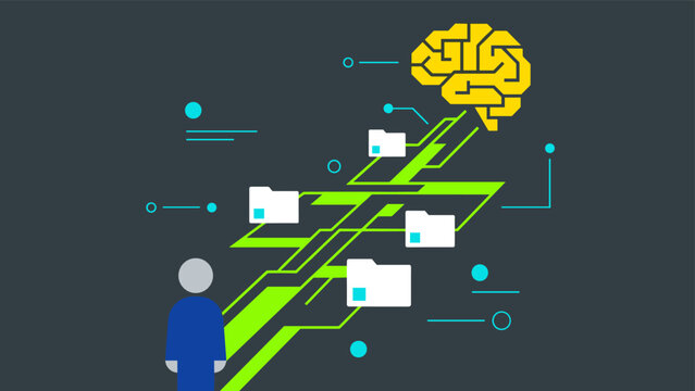 Flat vector illustration of a silhouette person looking at a digital data stream of files and circuits leading to a yellow brain icon