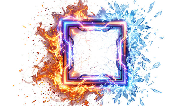 Dynamic square frame with contrasting fire and ice elements, a vibrant energy burst design, abstract digital art for powerful backgrounds and graphic resources.