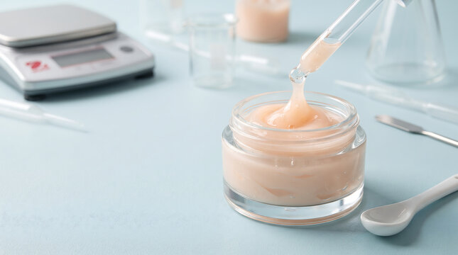Cosmetic skincare laboratory experiment with pink cream and pipette skincare cosmetics laboratory research formulation dermatology glassware chemistry cosmetic