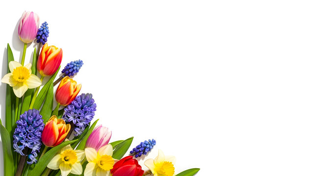 Vibrant spring bouquet of fresh tulips and flowers. Colorful floral arrangement with mixed blooms in natural light. Perfect decorative centerpiece...