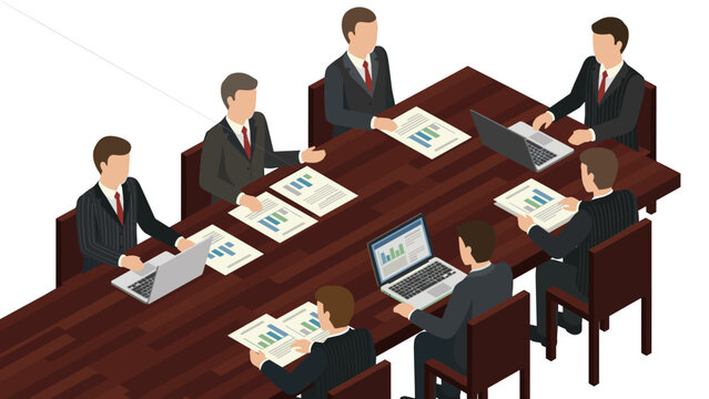 Team of executive professionals in a corporate meeting room, analyzing data charts and collaborating across a large boardroom table.