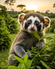 Obraz premium A young baby pygmy slow loris, ai-generated, fantasy animal, in a cosmic meadow