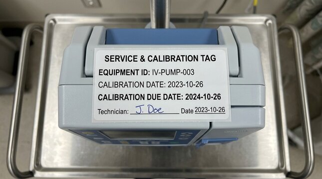 An IV pump service tag with a calibration due date printed clearly in hospital, hospital IV infusion therapy and patient monitoring concept, no people