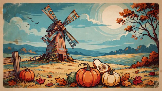 Vintage halloween poster autumn windmill scene with pumpkins and fall foliage