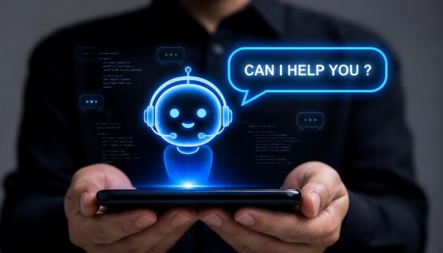 Futuristic 3D AI Chatbot Assistant on Smartphone: Glowing Neon Virtual Customer Support Bot and Speech Bubble Isolated on Dark Background