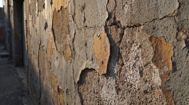 Low angle perspective of a weathered distressed concrete wall peeling paint along a narrow urban alleyway at sunset