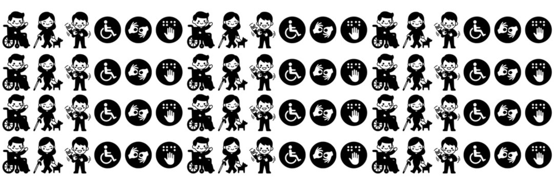 Cute inclusive disability accessibility icons featuring wheelchair users blind people and deaf sign language