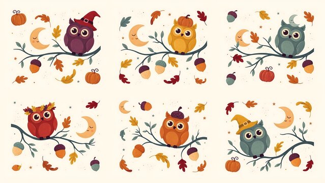 Halloween poster collection cute owls pumpkins and autumn leaves pattern