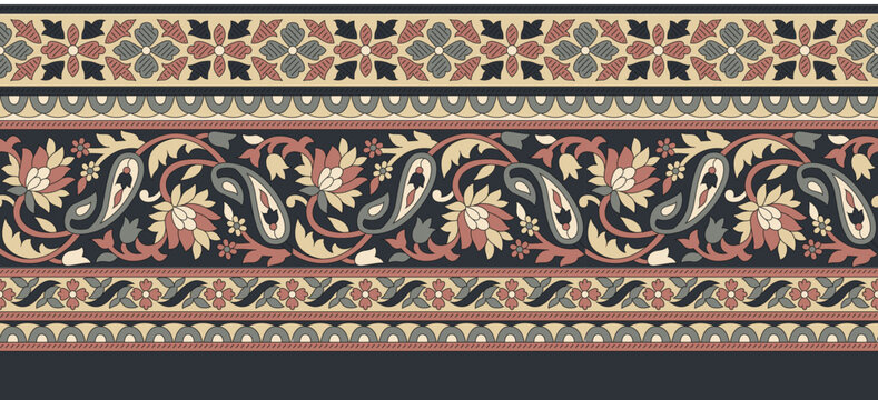  Indian paisley border pattern on navy background