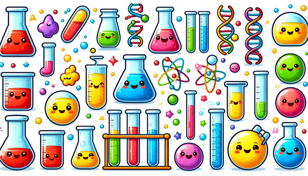 Cute science lab and chemistry vector asset sheet featuring cartoon smiling beaker flasks test tubes DNA strands and atoms sticker collection isolated on white background 2d illustration