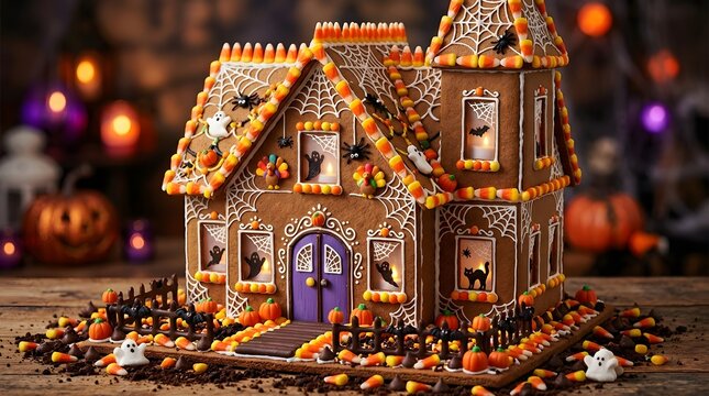Festive halloween gingerbread house with candy decorations for thanksgiving holiday baking