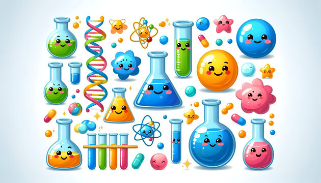 Cute science lab and chemistry vector asset sheet featuring cartoon smiling beaker flasks test tubes DNA strands and atoms sticker collection isolated on white background 2d illustration