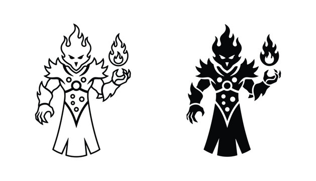 Fire demon mage character holding magic flames black silhouette and linear outline icon set for fantasy gaming or RPG graphic design projects isolated on white background for web usage