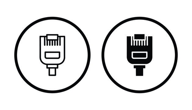 Ethernet network cable connector icon set displaying digital internet technology hardware for data networking and telecommunication concepts in clean black and white vector graphic style