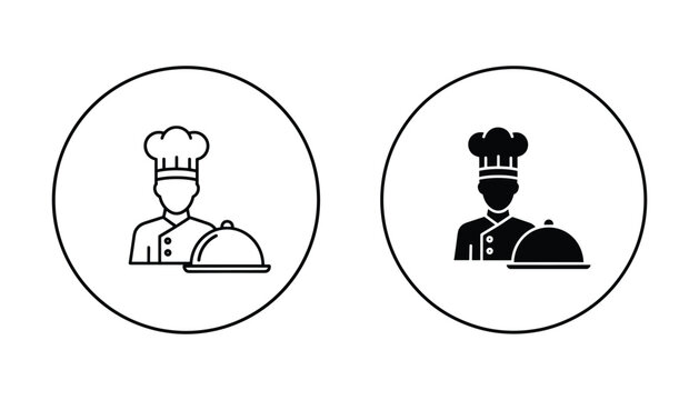 Professional chef silhouette icon set featuring culinary expert holding silver serving platter with cloche for restaurant menu and hospitality industry graphic design branding element