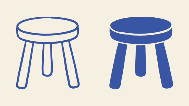 Minimalist three legged wooden stool vector illustration in outline and filled stamp style for furniture design and home decor icons