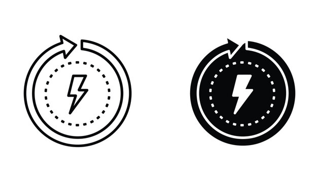 Circular arrow refresh loop with lightning bolt symbol inside representing energy recycling and power cycle optimization concepts for modern renewable energy technology graphics