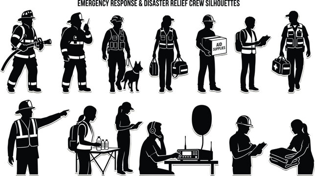 Emergency response and disaster relief crew silhouettes of firefighters, medics, and rescue workers
