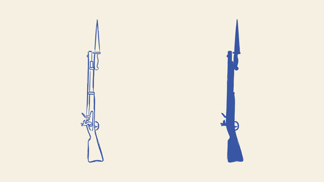 Vintage musket rifle with bayonet vector illustration in outline and silhouette styles
