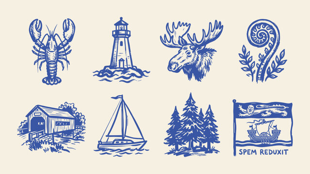 New Brunswick provincial symbols vector icon set featuring lobster lighthouse moose fiddlehead covered bridge sailboat pine trees and flag