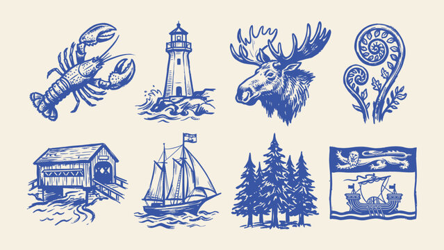 Canadian Maritimes vintage hand drawn vector icons set featuring lobster lighthouse moose covered bridge sailing ship and pine trees