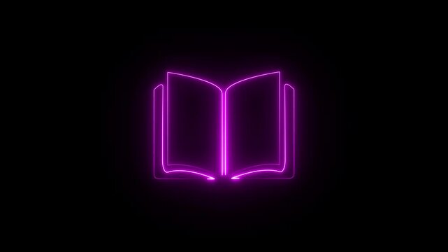 Glowing Pink Neon Open Book Icon on Black Background for E-learning and Digital Library Concept.