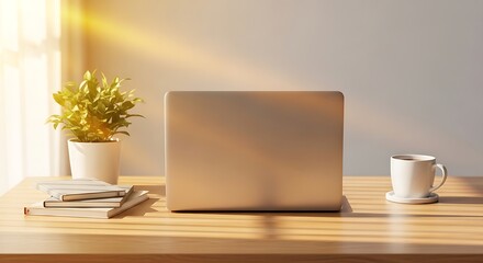 Fototapeta premium Closed laptop on wooden desk with coffee mug and houseplant in morning sunlight
