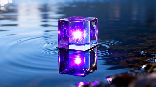 Glass cube with light in water
