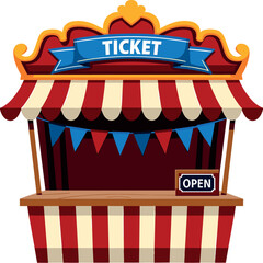 Vintage circus ticket booth vector illustration retro carnival kiosk with striped awning canopy graphic © MstMonira